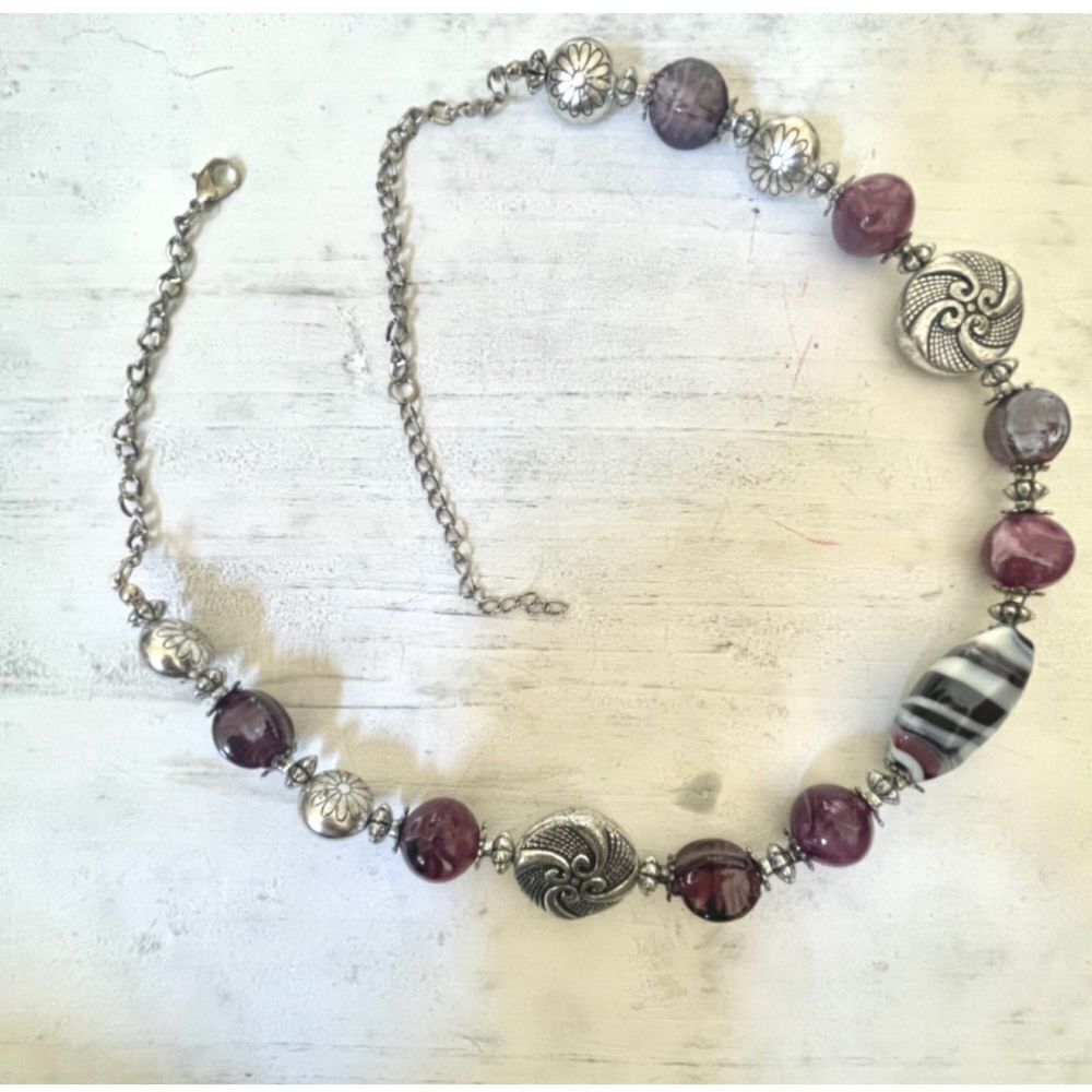 Purple silver beaded necklace and earrings